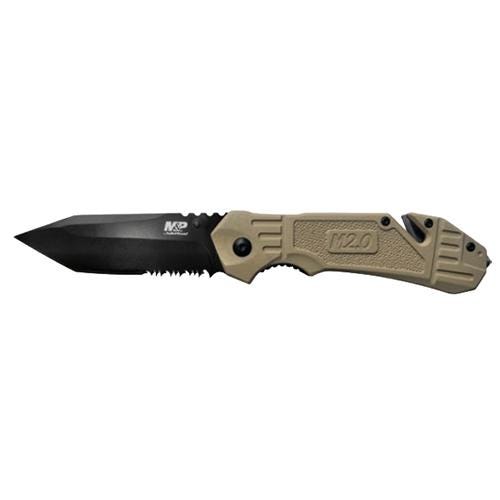 Smith & Wesson 1100077 M&P M2.0 Spring Assist Clip Folder w/Strap Cutter and Serrated 3.5" Blade FDE - Clam Pack