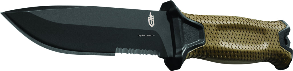Gerber 30-001059 Strongarm Fixed Blade, Full Tang 420 HC blade, Multi mount sheath, Coyote rubberized handle, Serrated, box