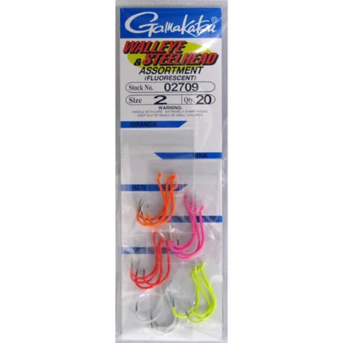Gamakatsu 02709 Fluorescent Walleye and Steelhead Hook Assortment, Size 2, Forged, Octopus, Red/Pink/Orange/Chartreuse/Glow, 20 per pack
