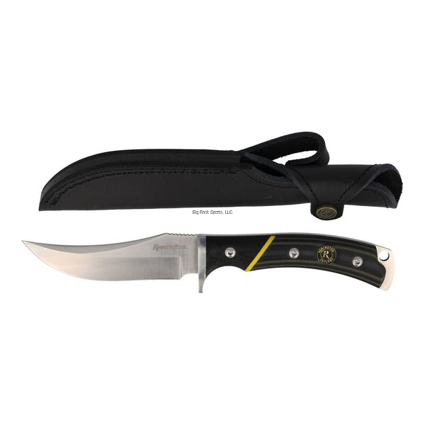 Remington 15633 Hunter Knife, Fixed, Green/Black G10 Handle, W/Medallion, 7", Trailing Point, D2 S/S Blade, Black Leather Sheath, Box