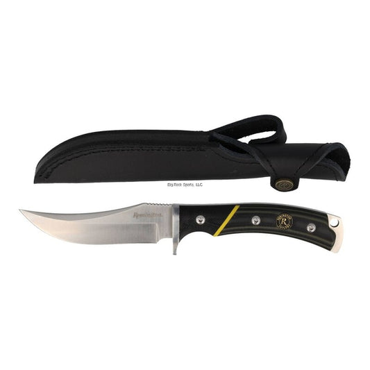 Remington 15633 Hunter Knife, Fixed, Green/Black G10 Handle, W/Medallion, 7", Trailing Point, D2 S/S Blade, Black Leather Sheath, Box