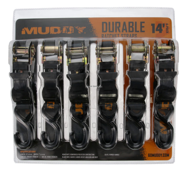 MuddY 1' X 14' Durable Ratchet Straps/Black, 500lb Working Load/1500lb Break Strength, 6 Pk