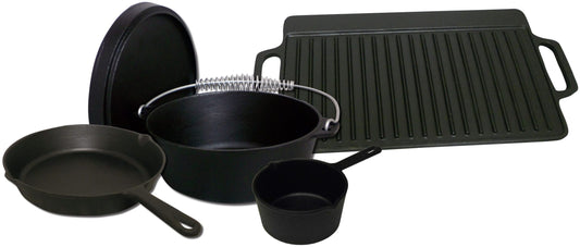 King Kooker 5CIBSB 5 Pc Cast Iron Set, Includes Griddle, Skillet, Dutch Oven and Lid , BBQ Sauce Pan